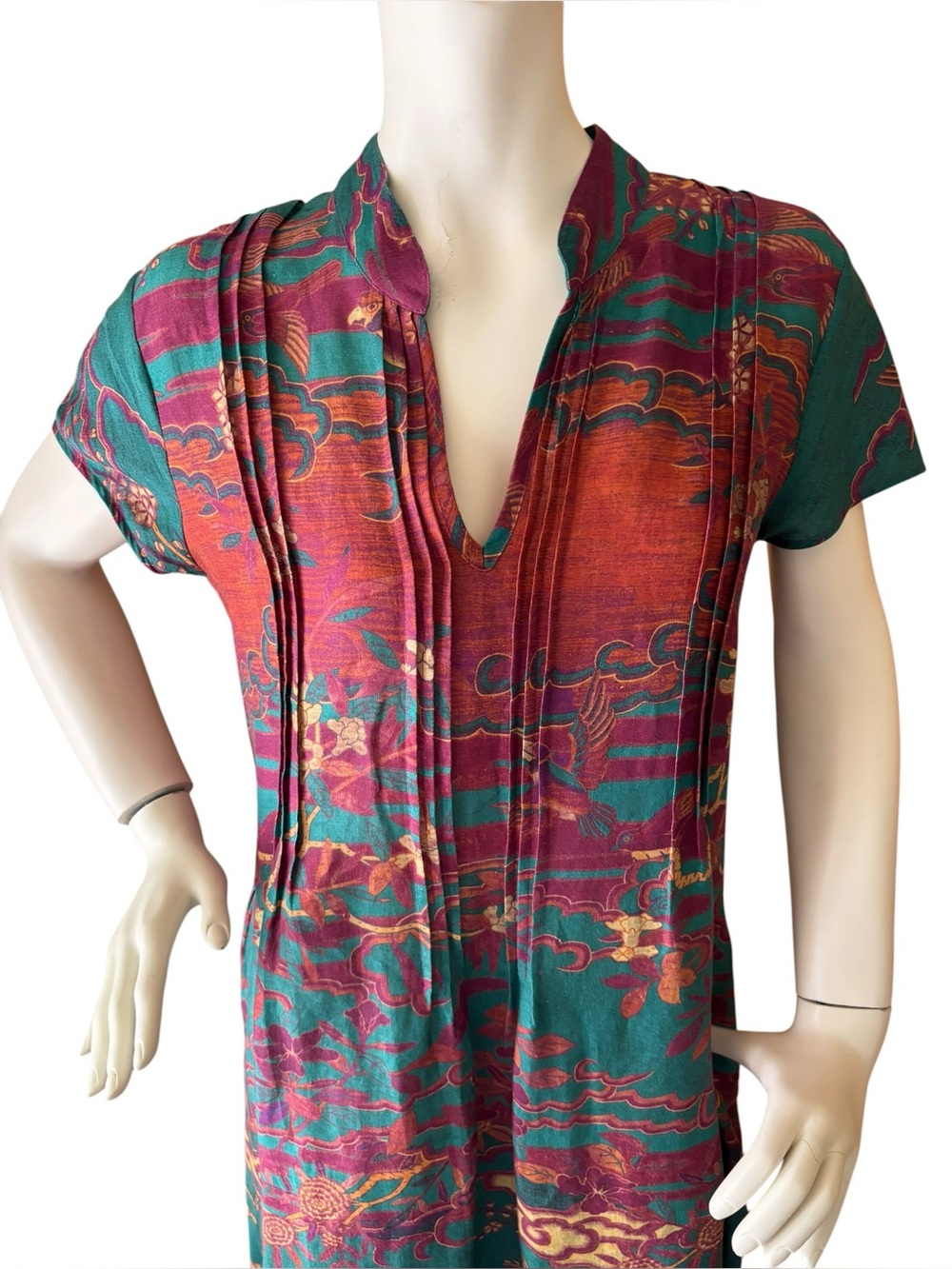 Peruvian Connection Floating World Linen Multicolor Printed Midi Dress, L - Picture 3 of 10
